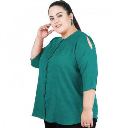 Casual Solid Green Top (Color:Green, Material:Cotton Linen Blend)