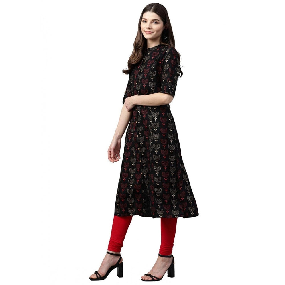 Cotton Printed A Line Kurti (Black, Cotton)