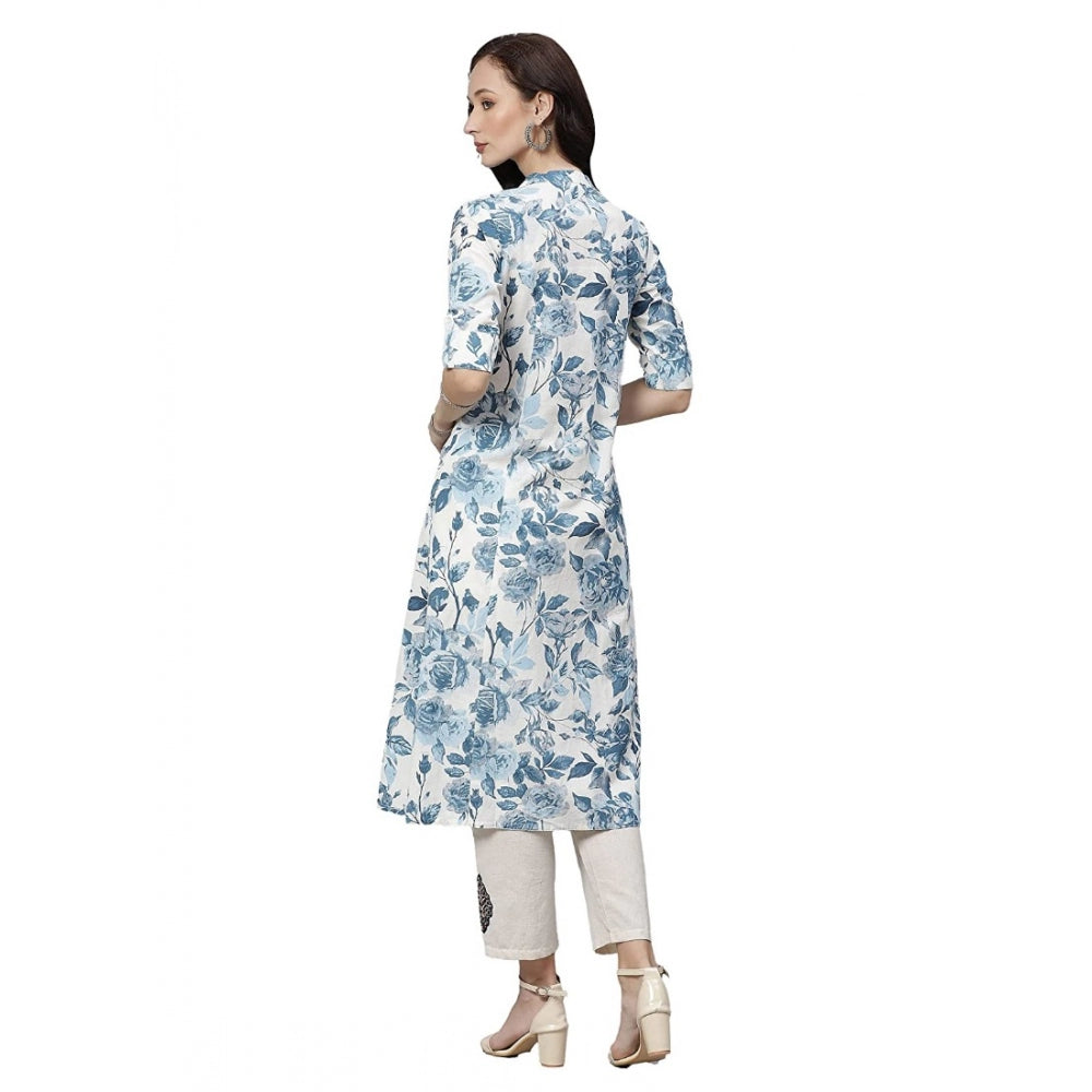 Cotton Printed Floral Print Kurti (White, Blue, Cotton)