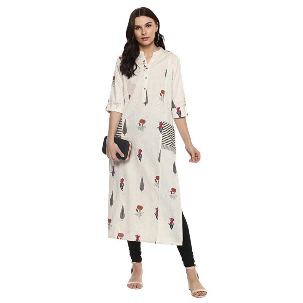 Khadi Printed A Line Kurti (Off White, Khadi)