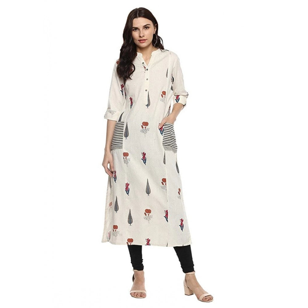 Khadi Printed A Line Kurti (Off White, Khadi)