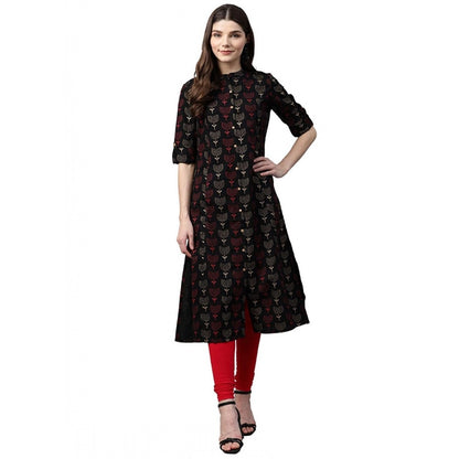 Cotton Printed A Line Kurti (Black, Cotton)