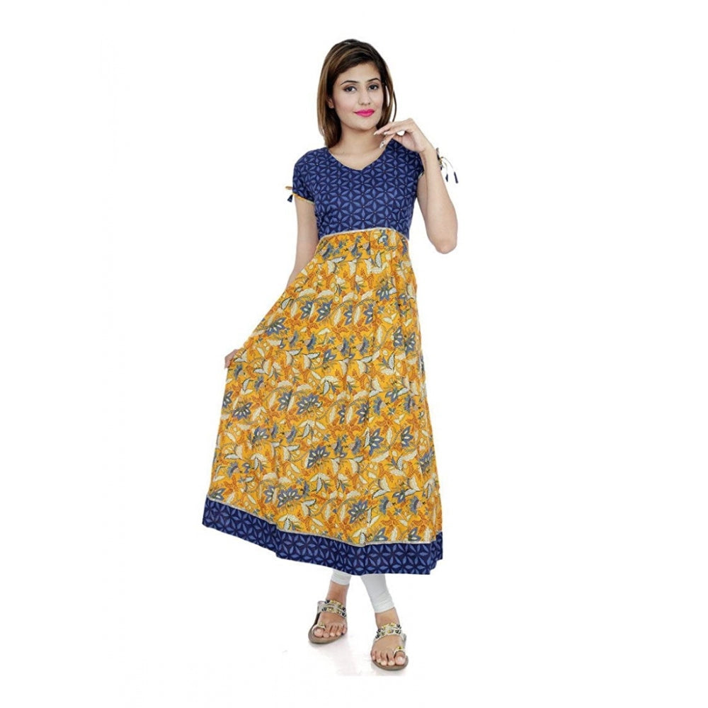 Cotton Printed Long Kurti (Mustard, Blue, Cotton)