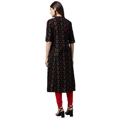 Cotton Printed A Line Kurti (Black, Cotton)