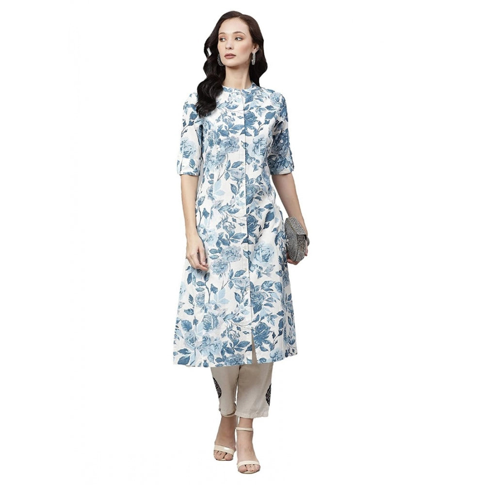 Cotton Printed Floral Print Kurti (White, Blue, Cotton)