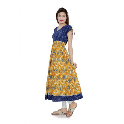 Cotton Printed Long Kurti (Mustard, Blue, Cotton)