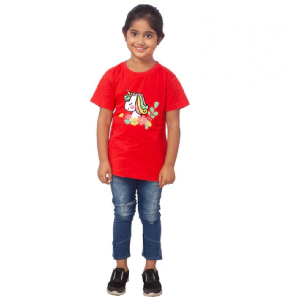 Generic Girls Cotton Unicorn Face Half Sleeve TShirt (Red)