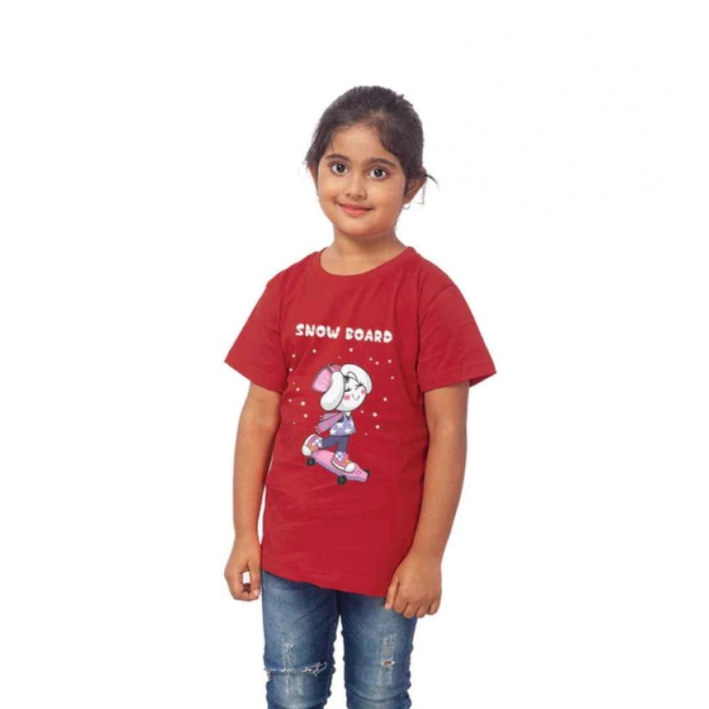 Generic Girls Cotton Snow Board Half Sleeve TShirt (Maroon)