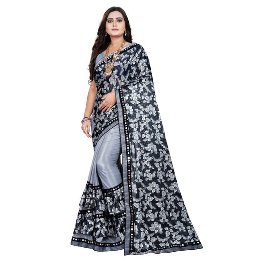 Lycra Blend Saree with Blouse (Grey, 5-6 Mtrs)