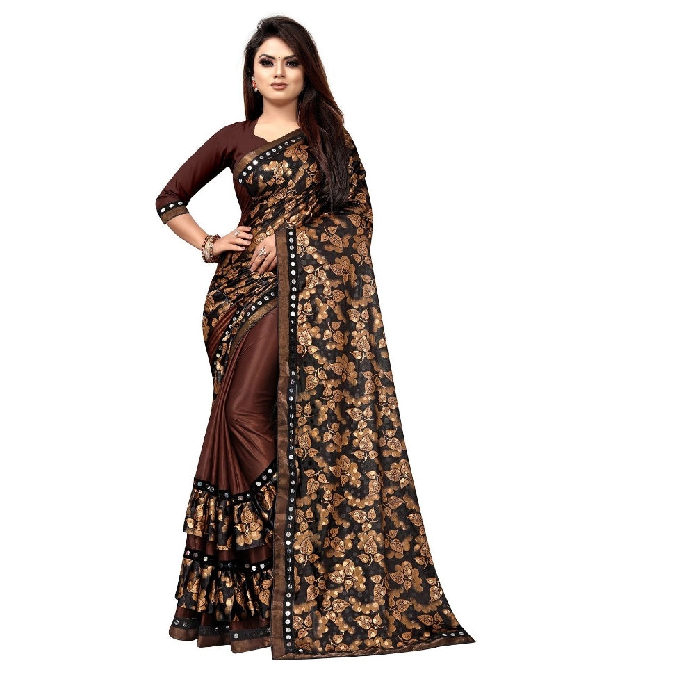 Lycra Blend Saree with Blouse (Coffee, 5-6 Mtrs)