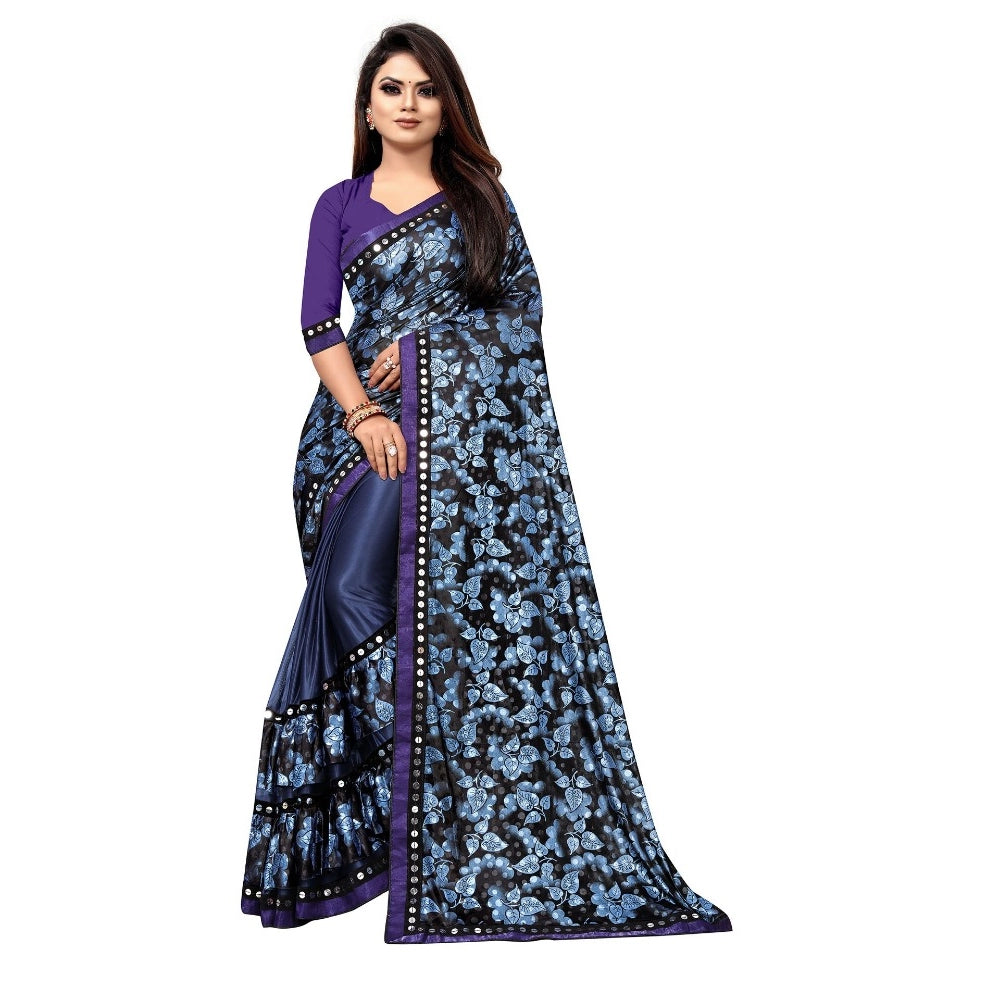 Lycra Blend Saree with Blouse (Blue, 5-6 Mtrs)