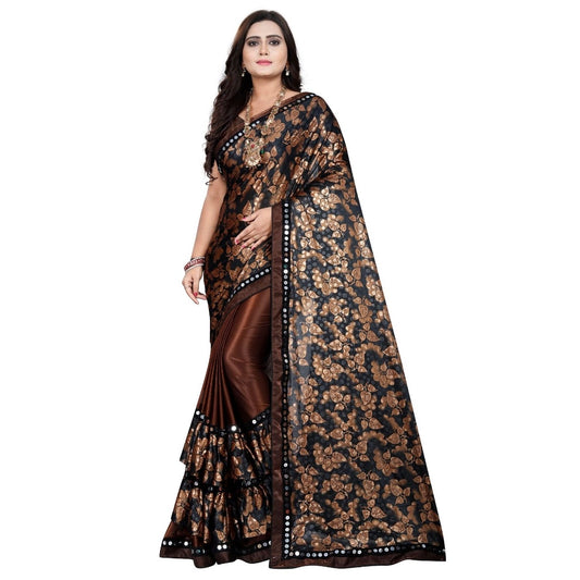 Lycra Blend Saree with Blouse (Coffee, 5-6 Mtrs)