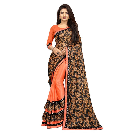 Lycra Blend Saree with Blouse (Orange, 5-6 Mtrs)