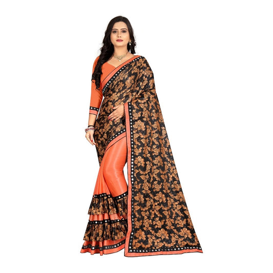 Lycra Blend Saree with Blouse (Orange, 5-6 Mtrs)