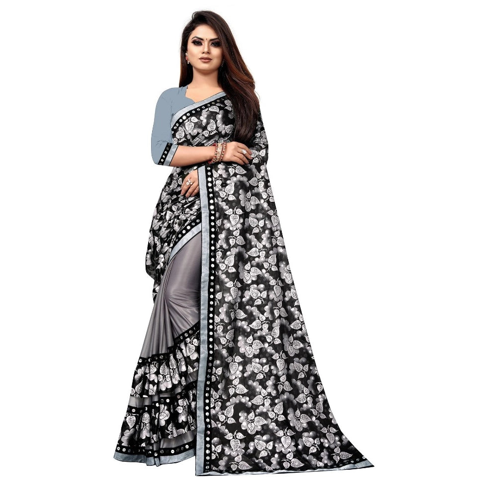 Lycra Blend Saree with Blouse (Grey, 5-6 Mtrs)