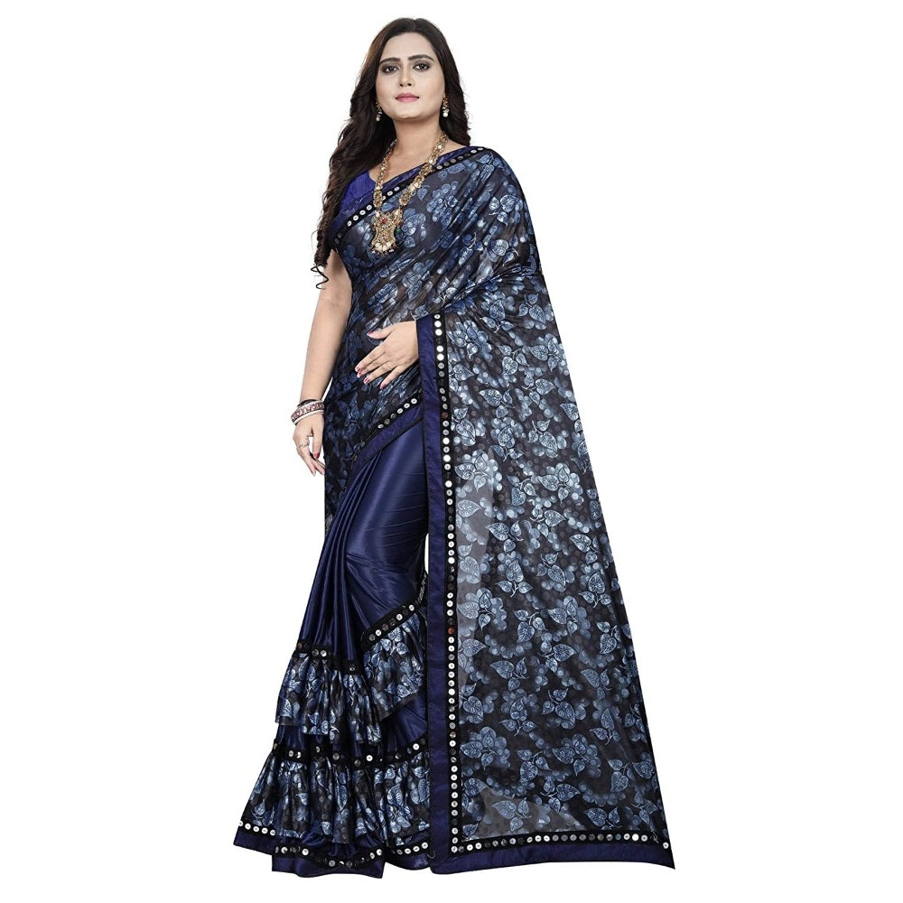 Lycra Blend Saree with Blouse (Blue, 5-6 Mtrs)