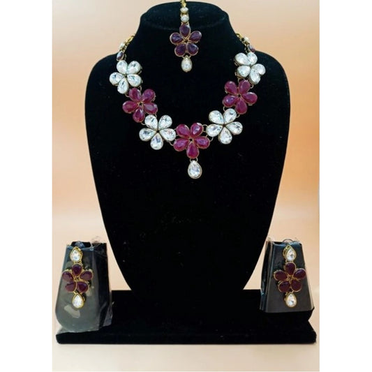 Generic Women's Elegent Kundan And Stone Necklace Set (Red, Free Size)