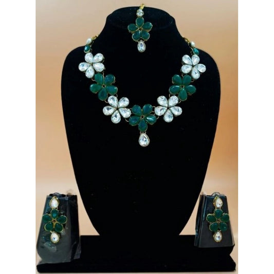 Generic Women's Elegent Kundan And Stone Necklace Set (Green, Free Size)