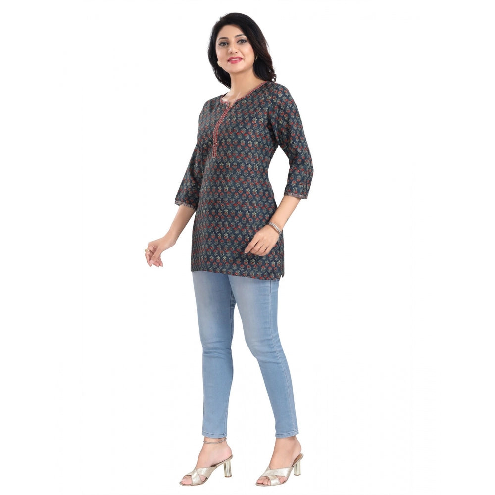 3/4th Sleeve Viscose Blend Tunic Short Top (Blue)