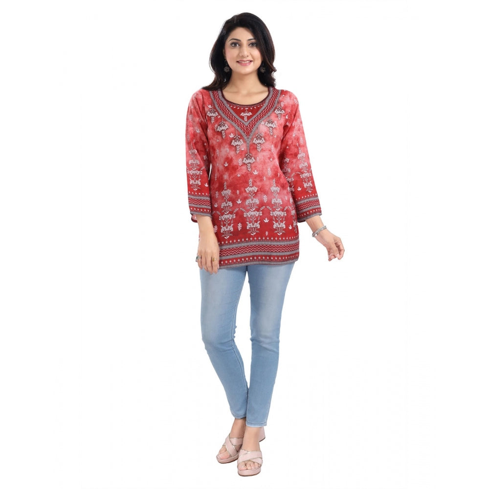 3/4th Sleeve Faux Crepe Tunic Short Top (Red)