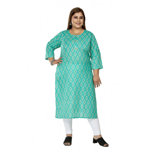 Casual 3/4th Sleeve Ikkat Printed Pure Cotton Straight Kurti (Turquoise)