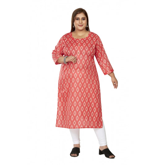 Casual 3/4th Sleeve Ikkat Printed Pure Cotton Straight Kurti (Pink)