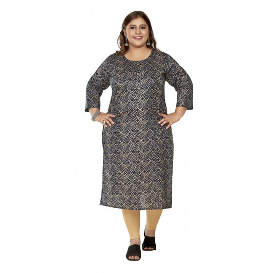 Casual 3/4th Sleeve Golden Foil Printed Capsule Cotton Straight Kurti (Navy Blue)