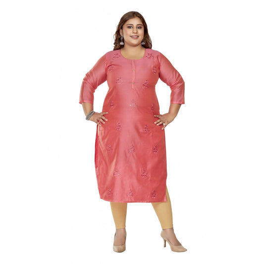 Casual 3/4th Sleeve Mirror Embroidered Rayon Straight Kurti (Pink)