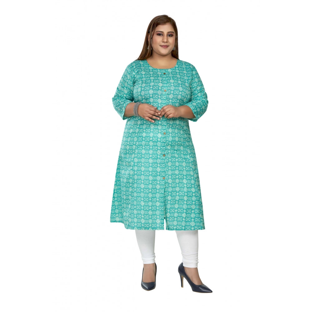 Casual 3/4th Sleeve Regular Printed Pure Cotton Prince Cut A-Line Kurti (Turquoise)