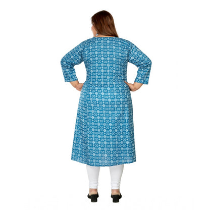 Casual 3/4th Sleeve Regular Printed Pure Cotton Prince Cut A-Line Kurti (Blue)