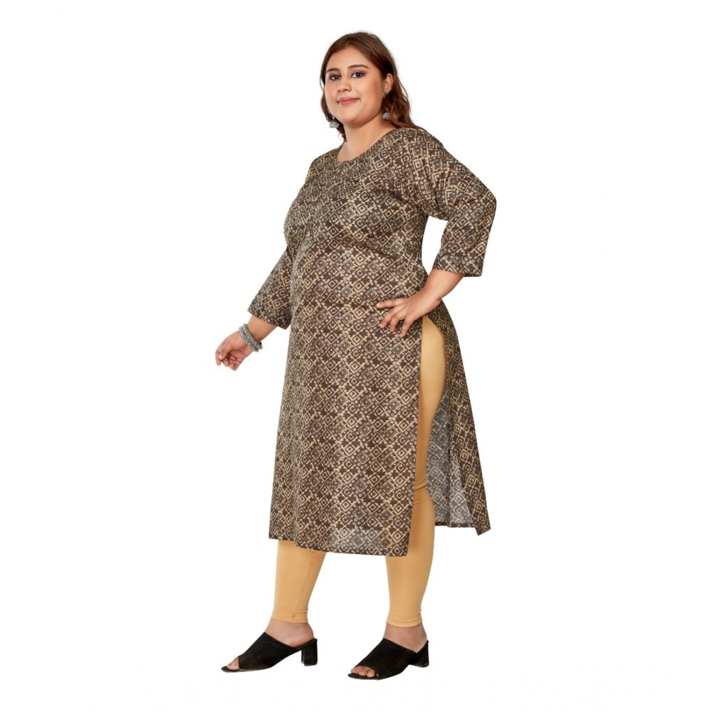 Casual 3/4th Sleeve Golden Foil Printed Capsule Cotton Straight Kurti (Brown)