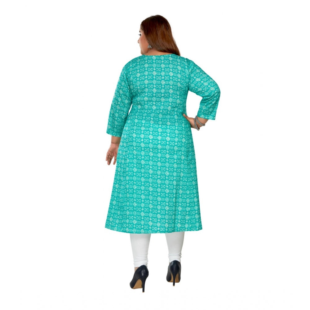 Casual 3/4th Sleeve Regular Printed Pure Cotton Prince Cut A-Line Kurti (Turquoise)