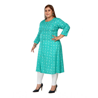 Casual 3/4th Sleeve Regular Printed Pure Cotton Prince Cut A-Line Kurti (Turquoise)