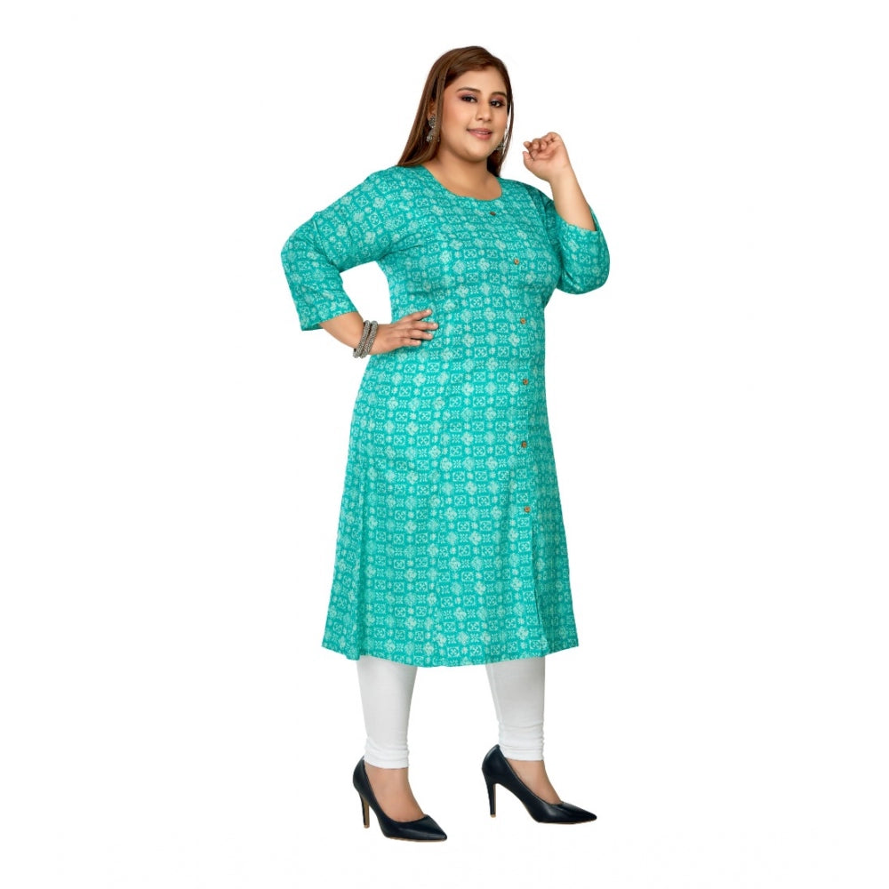 Casual 3/4th Sleeve Regular Printed Pure Cotton Prince Cut A-Line Kurti (Turquoise)