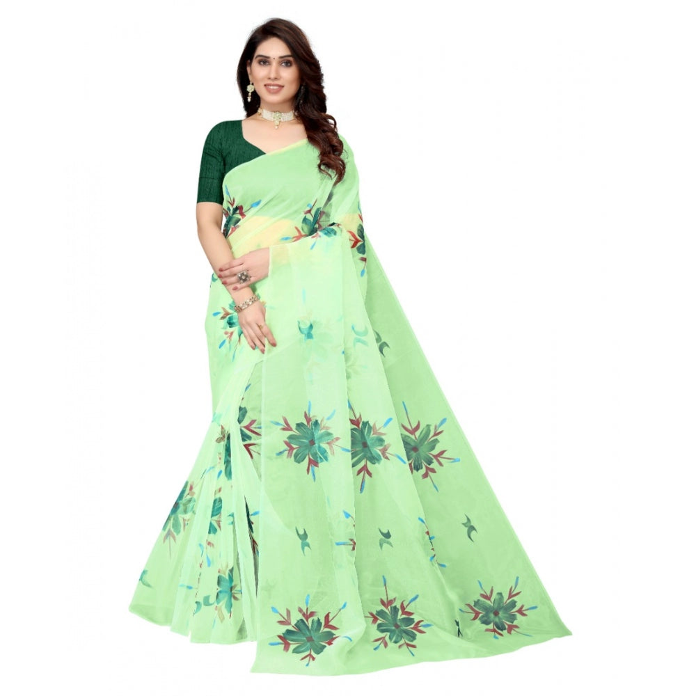 Organza Floral Pattern Sarees (Parrot Green, 5-6 Mtrs)