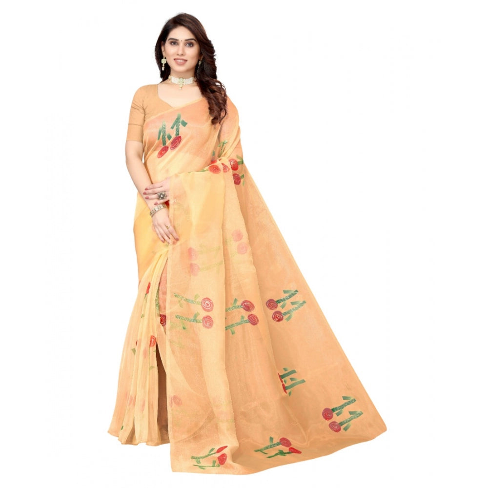 Organza Floral Pattern Sarees (Orange, 5-6 Mtrs)