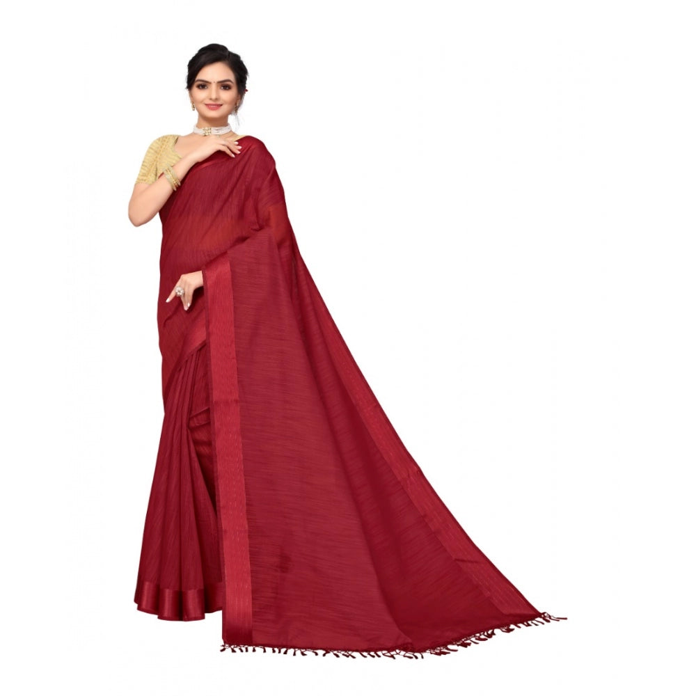 Cotton Blend Stripe Pattern Sarees (Maroon, 5-6 Mtrs)