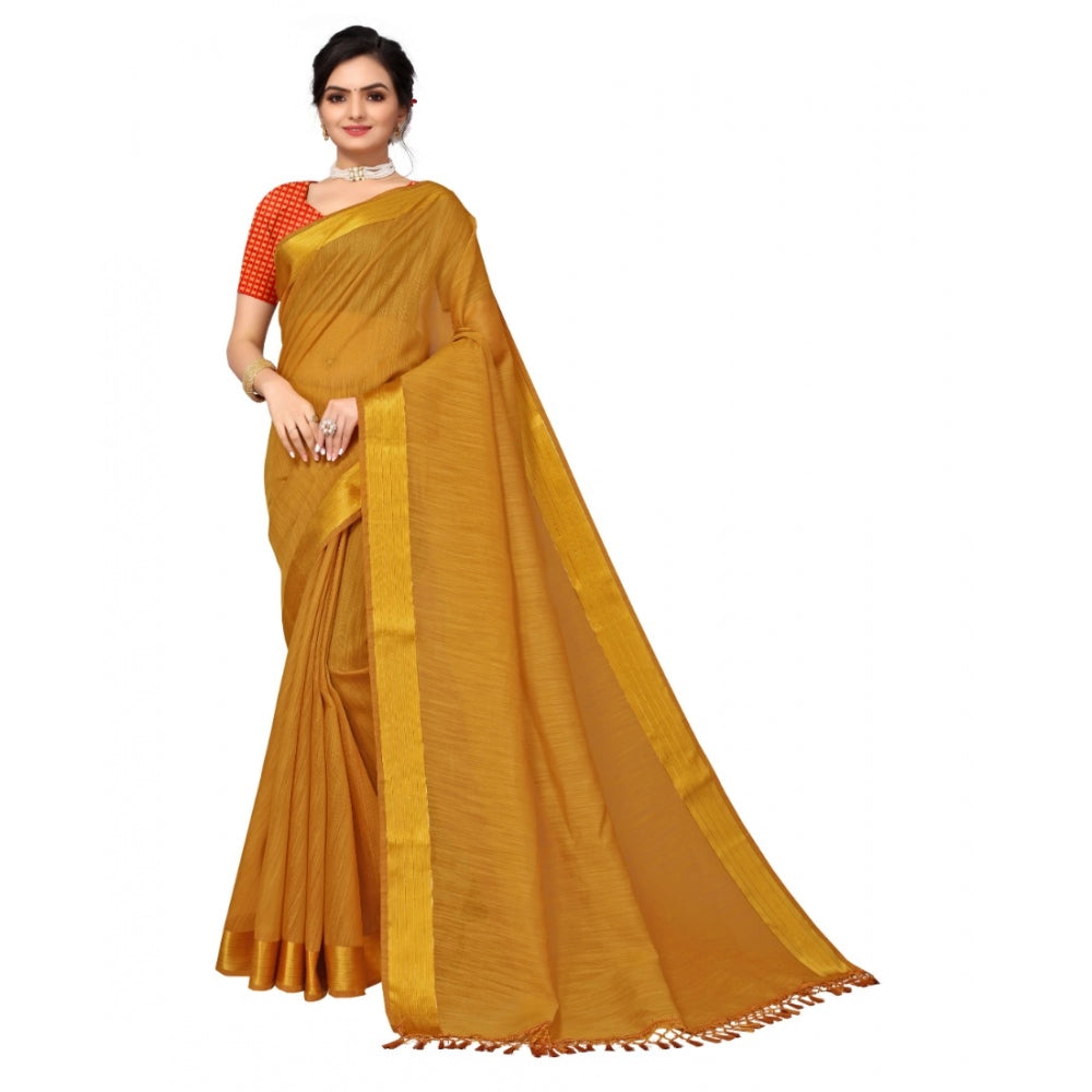 Cotton Blend Stripe Pattern Sarees (Mustard, 5-6 Mtrs)