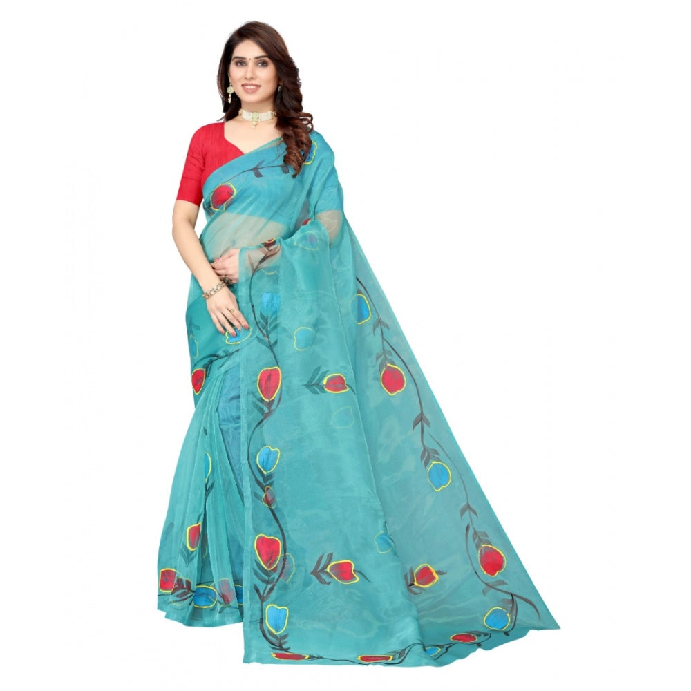 Organza Floral Pattern Sarees (Rama, 5-6 Mtrs)