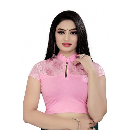 Short Sleeve Cotton Lycra Readymade Blouse (Baby Pink, Free Size)