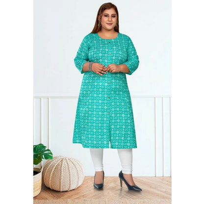 Casual 3/4th Sleeve Regular Printed Pure Cotton Prince Cut A-Line Kurti (Turquoise)