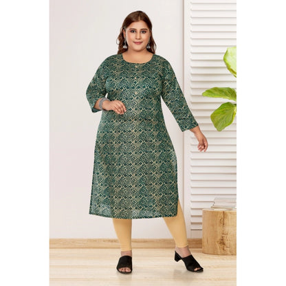 Casual 3/4th Sleeve Golden Foil Printed Capsule Cotton Straight Kurti (Dark Green)