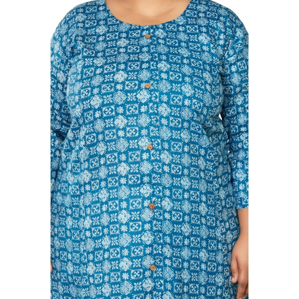 Casual 3/4th Sleeve Regular Printed Pure Cotton Prince Cut A-Line Kurti (Blue)