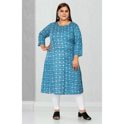 Casual 3/4th Sleeve Regular Printed Pure Cotton Prince Cut A-Line Kurti (Blue)