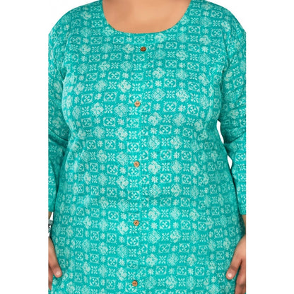 Casual 3/4th Sleeve Regular Printed Pure Cotton Prince Cut A-Line Kurti (Turquoise)