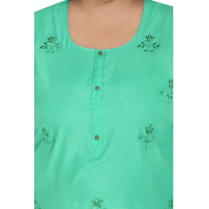 Casual 3/4th Sleeve Rayon Mirror Embroidered Straight Kurti (Green)