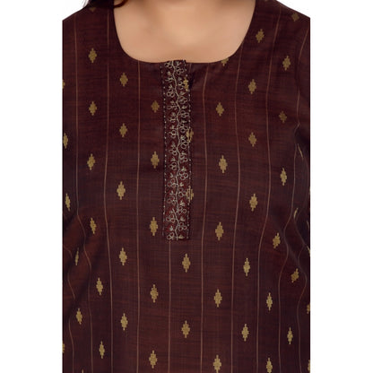 Casual 3/4th Sleeve Cotton Mix Golden Embroidered Straight Kurti (Maroon)