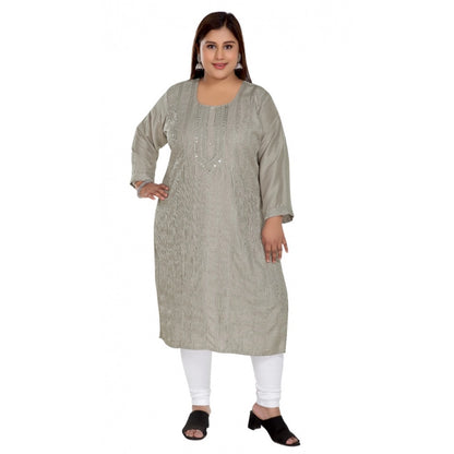 Casual 3/4th Sleeve Imported Fabric Self Embroidered Straight Kurti With Lining (Grey)