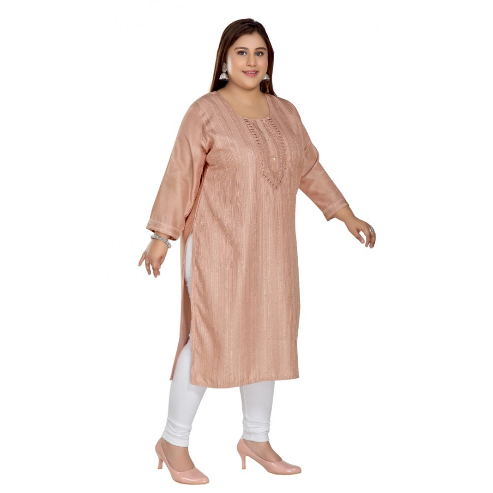 Casual 3/4th Sleeve Imported Fabric Self Embroidered Straight Kurti With Lining (Coral Pink)