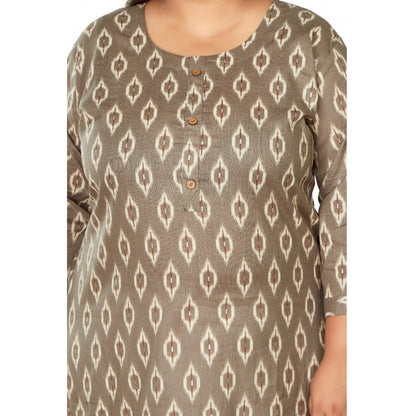 Casual 3/4th Sleeve Pure Cotton Ikkat Printed Straight Kurti (Dark Grey)